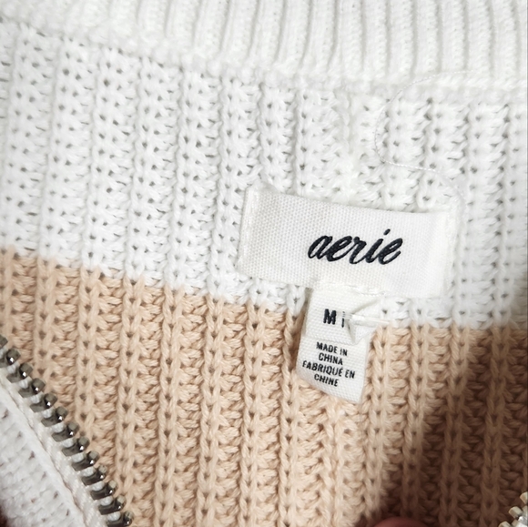 Aerie Beyond Neutral Stripe Knit Oversized Slouchy 1/4 Zip Pullover Sweater Sz M - Picture 4 of 6